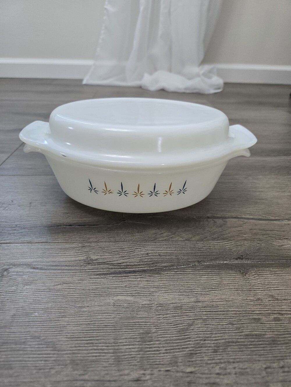 Fire King Milk Glass Casserole Dish Candle Glow Pattern Starburst With Lid